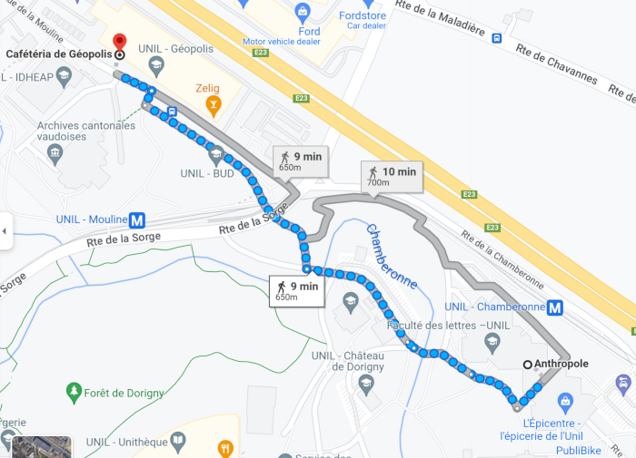 Google map of walking directions from Anthropole to the Géopolis cafeteria