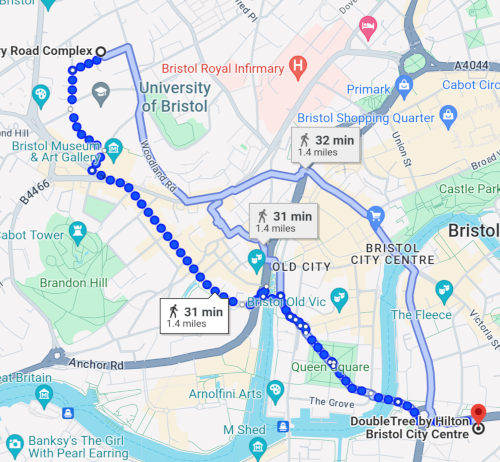 Google map of walking directions from the Priory Road complex to Doubletree by Hilton