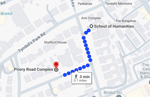 Google map of walking directions from the Priory Road complex to the humanities building