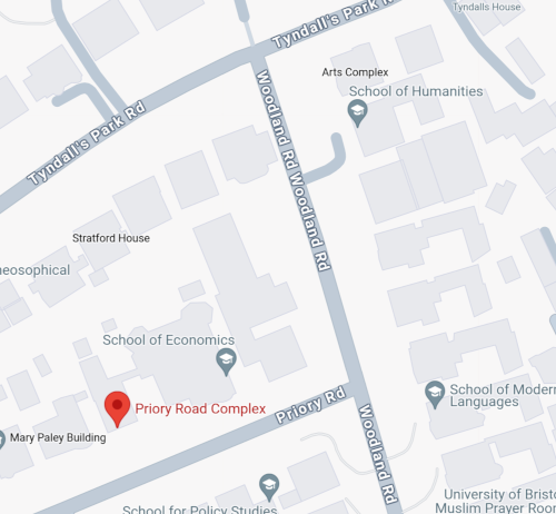 Google map that includes the Priory Road complex and the School of Humanities building