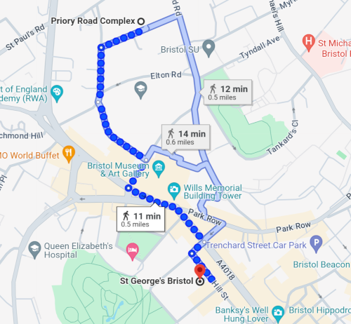 Google map of walking directions from the Priory Road complex to St. George's Bristol