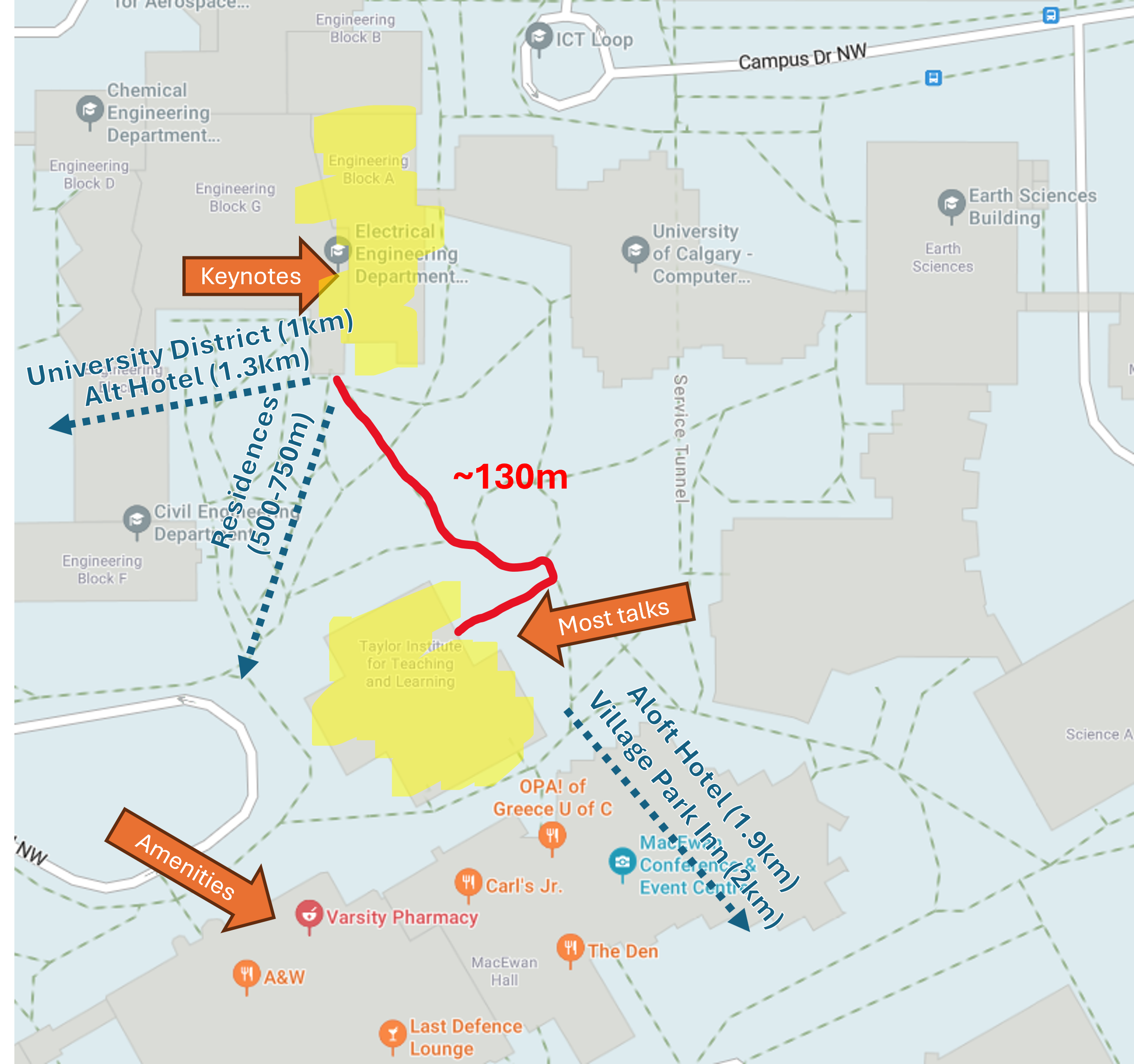 Map showing Taylor Institute, Engineering Block A, nearby hotels, and amenities
